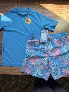 Tommy Bahama Boys Blue Rash Guard with Blue & Pink Tropical Swim Trunks
